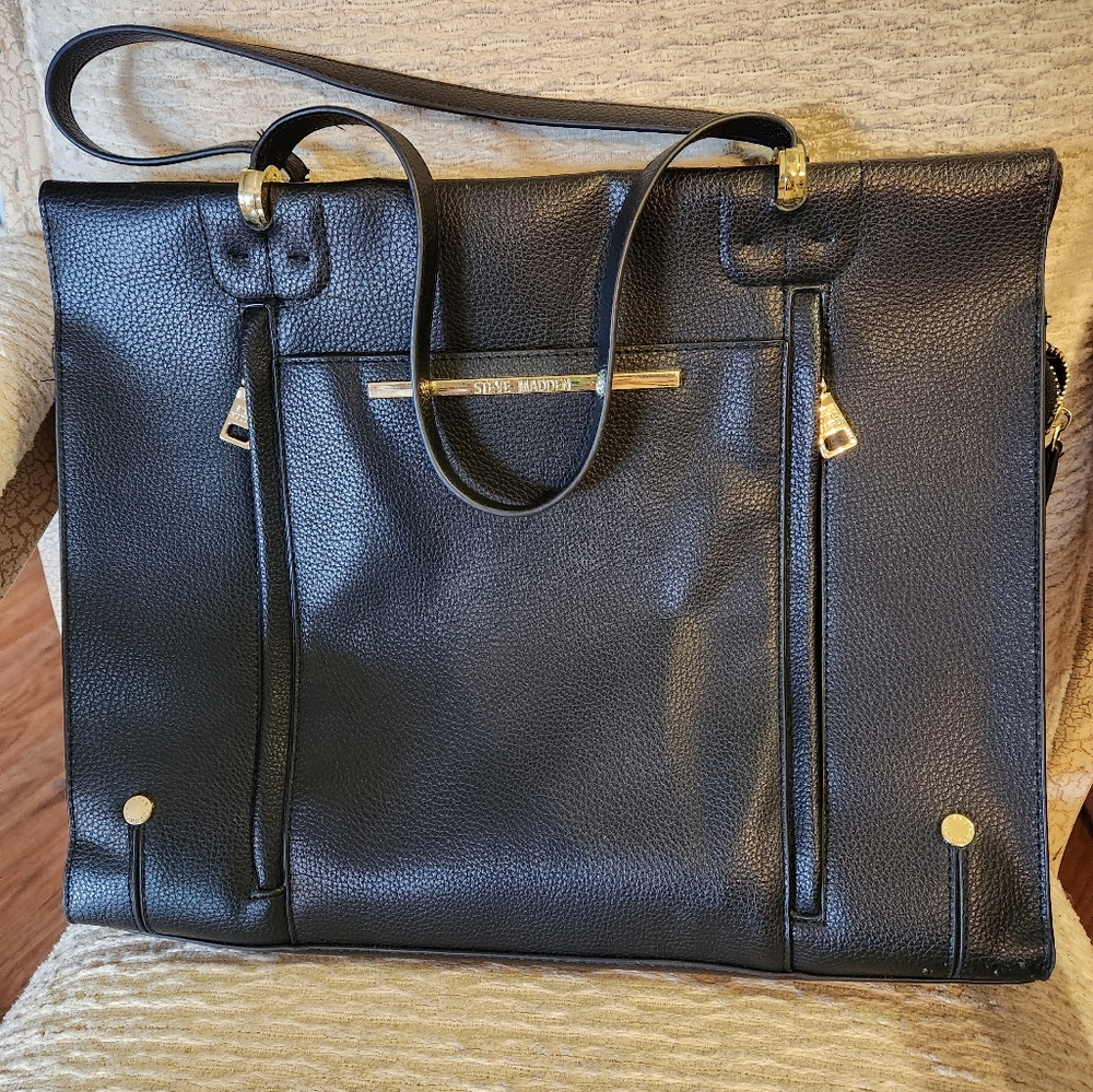 Steve Madden Large Purse Bag Tote Shoulder Black Faux Leather Briefcase CLEAN